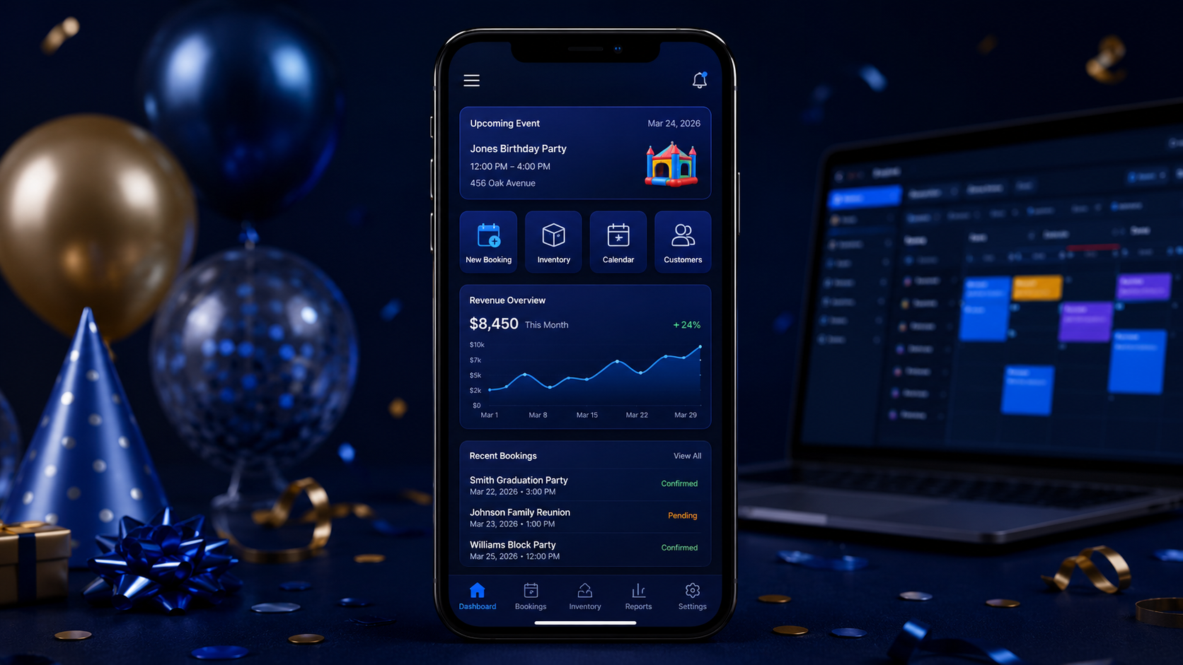Party rental business dashboard on phone and laptop